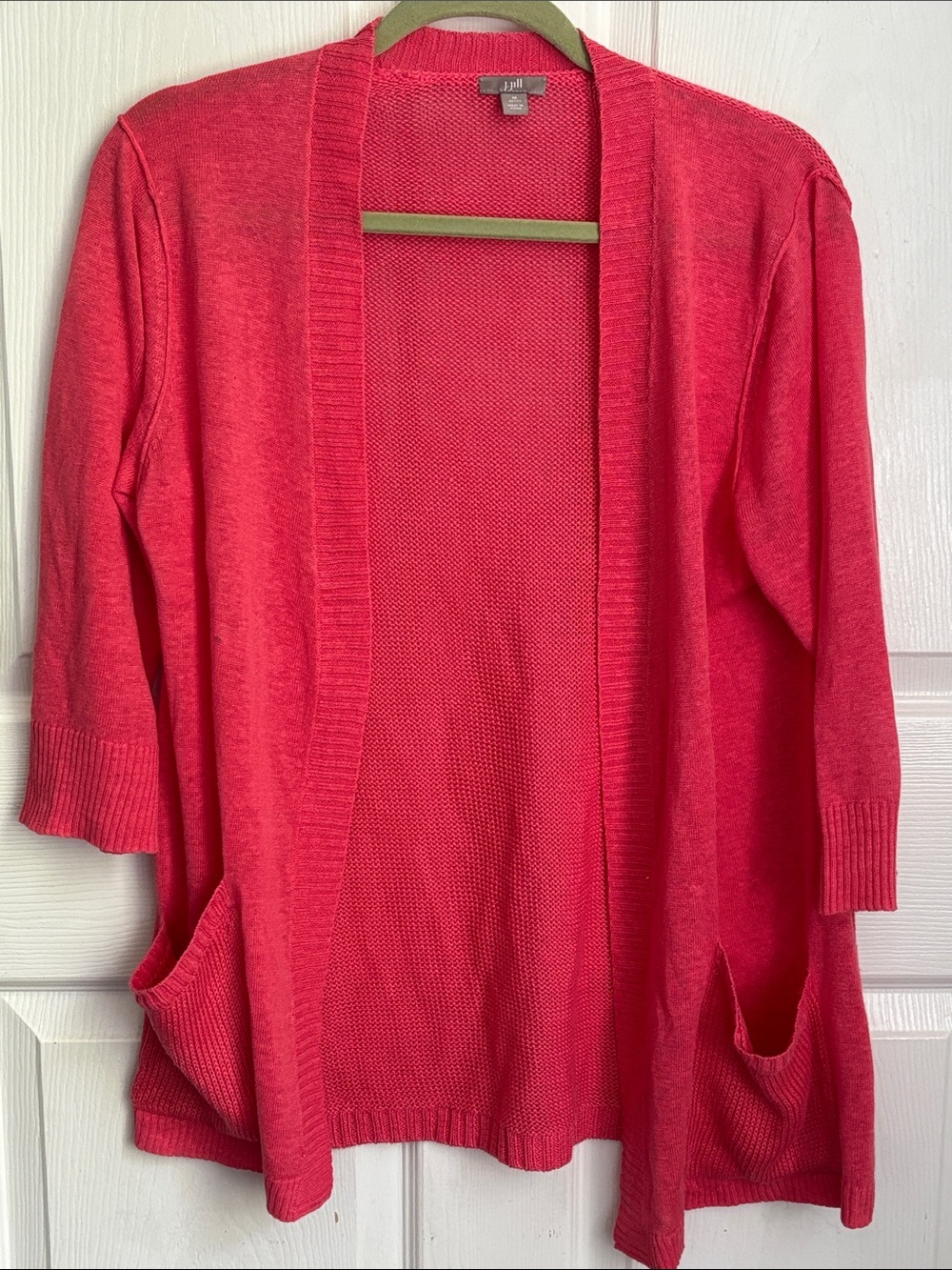 J. Jill Coral-Pink Linen Cardigan Open Front Pockets 3/4 sleeve Sz Medium Petite
